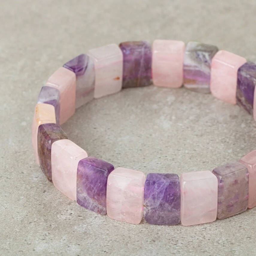 Ametist-Pembe Kuvars Doğal Taş Geniş Kesim Bileklik - 3