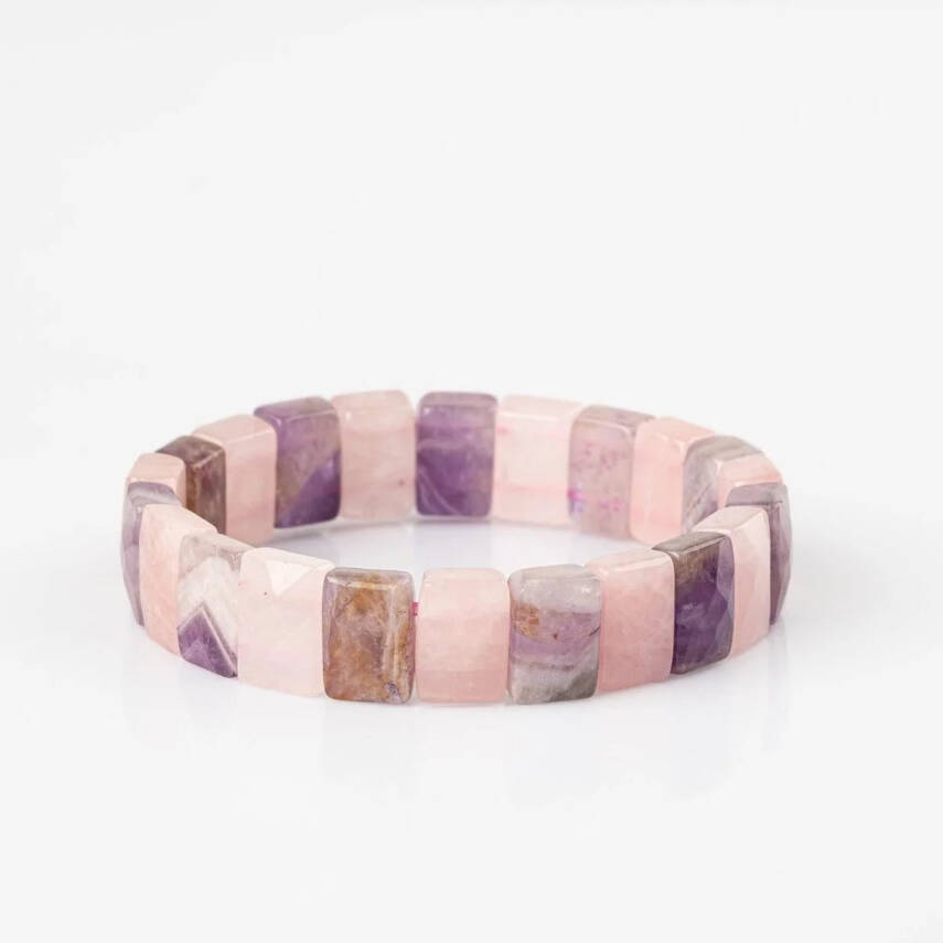 Ametist-Pembe Kuvars Doğal Taş Geniş Kesim Bileklik - 4