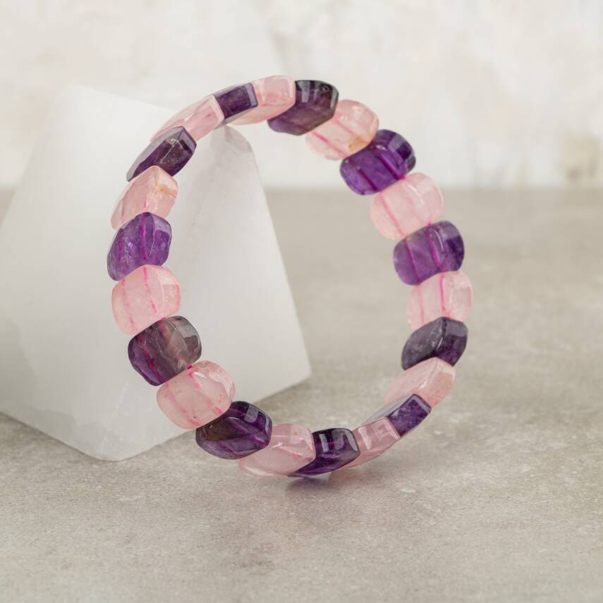 Ametist-Pembe Kuvars Doğal Taş Geniş Kesim Bileklik - 1