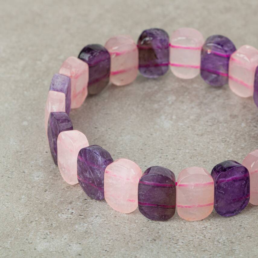 Ametist-Pembe Kuvars Doğal Taş Geniş Kesim Bileklik - 2
