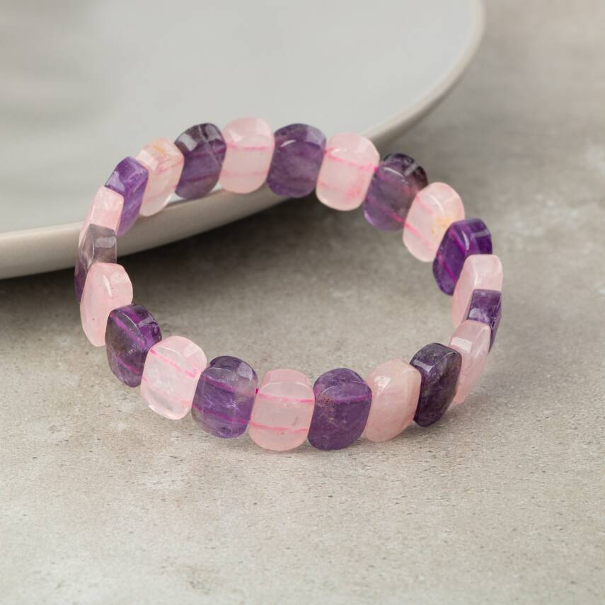 Ametist-Pembe Kuvars Doğal Taş Geniş Kesim Bileklik - 3