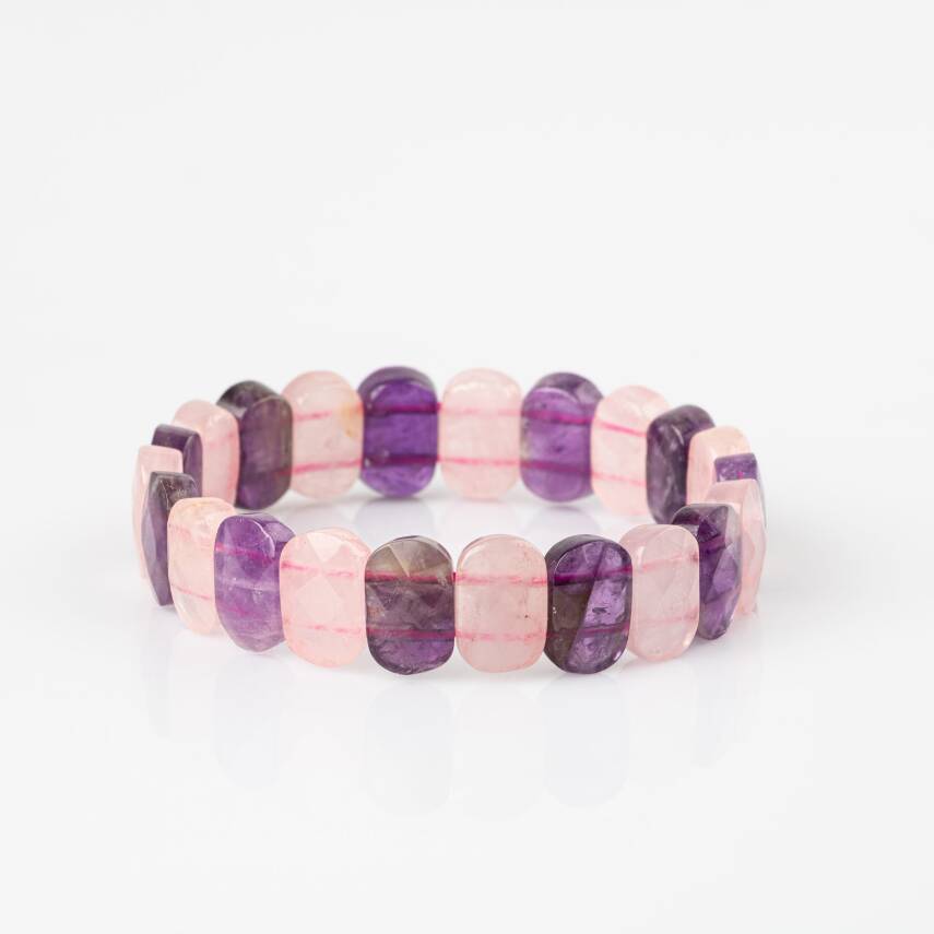 Ametist-Pembe Kuvars Doğal Taş Geniş Kesim Bileklik - 4