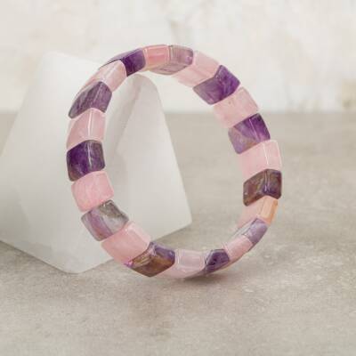Ametist-Pembe Kuvars Doğal Taş Kare Kesim Geniş Kesim Bileklik - Osmanlı Doğaltaş