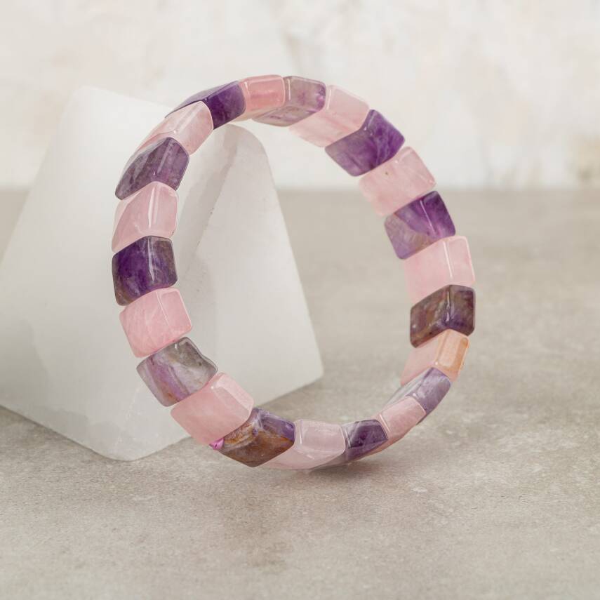Ametist-Pembe Kuvars Doğal Taş Kare Kesim Geniş Kesim Bileklik - 1
