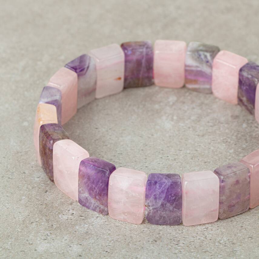 Ametist-Pembe Kuvars Doğal Taş Kare Kesim Geniş Kesim Bileklik - 2