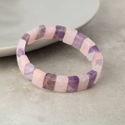 Ametist-Pembe Kuvars Doğal Taş Kare Kesim Geniş Kesim Bileklik - 3