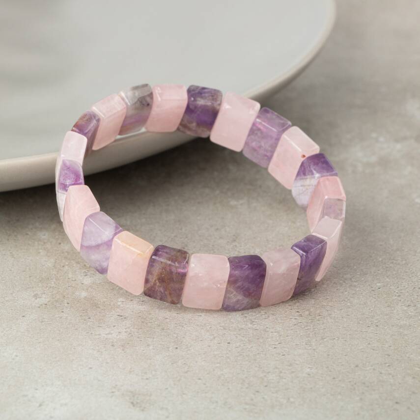 Ametist-Pembe Kuvars Doğal Taş Kare Kesim Geniş Kesim Bileklik - 3