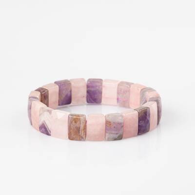 Ametist-Pembe Kuvars Doğal Taş Kare Kesim Geniş Kesim Bileklik - 4