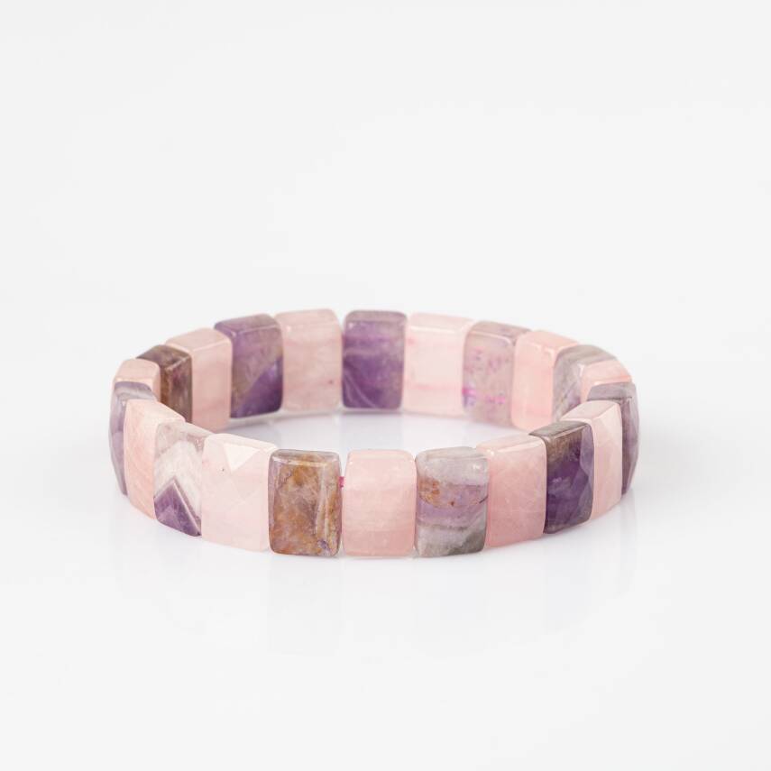 Ametist-Pembe Kuvars Doğal Taş Kare Kesim Geniş Kesim Bileklik - 4