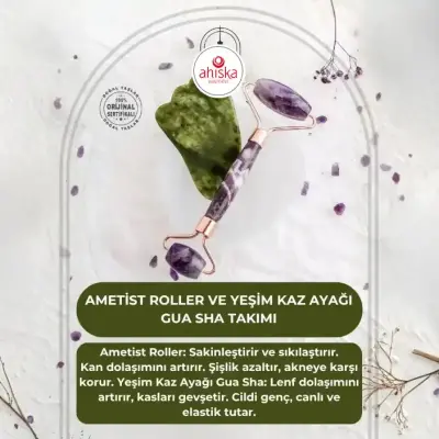 Ametist Roller ve Yeşim Kaz Ayağı Gua Sha Takımı - Doğal Taş (1)