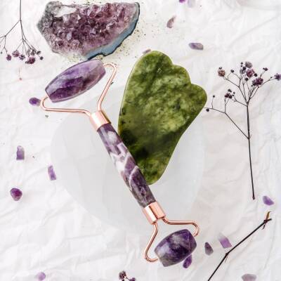 Ametist Roller ve Yeşim Kaz Ayağı Gua Sha Takımı - Osmanlı Doğaltaş