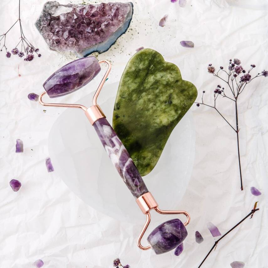 Ametist Roller ve Yeşim Kaz Ayağı Gua Sha Takımı - 1