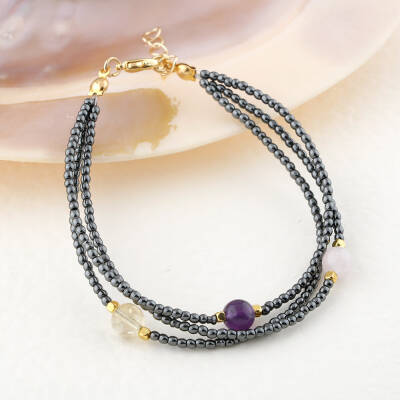 Ametist-Sitrin-Ay Taşı-Hematit Doğal Taş Altın Kaplama Kapama Bileklik - Osmanlı Doğaltaş