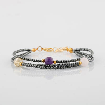 Ametist-Sitrin-Ay Taşı-Hematit Doğal Taş Altın Kaplama Kapama Bileklik - Osmanlı Doğaltaş