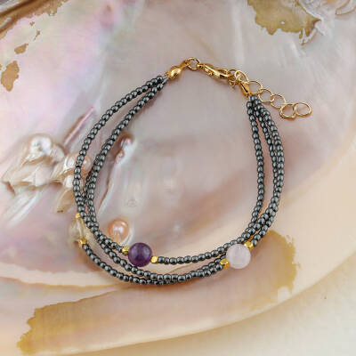 Ametist-Sitrin-Ay Taşı-Hematit Doğal Taş Altın Kaplama Kapama Bileklik - 3