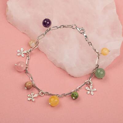 Ametist-Sitrin-Pembe Kuvars-Aventurin-Kalsit-Yeşim-Kehribar Doğal Taş Gümüş Bileklik - Osmanlı Doğaltaş