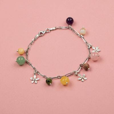 Ametist-Sitrin-Pembe Kuvars-Aventurin-Kalsit-Yeşim-Kehribar Doğal Taş Gümüş Bileklik - 2