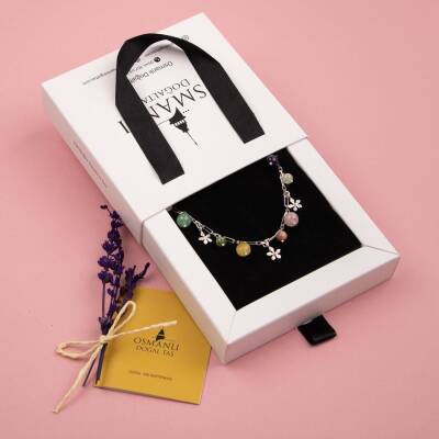 Ametist-Sitrin-Pembe Kuvars-Aventurin-Kalsit-Yeşim-Kehribar Doğal Taş Gümüş Bileklik - 3