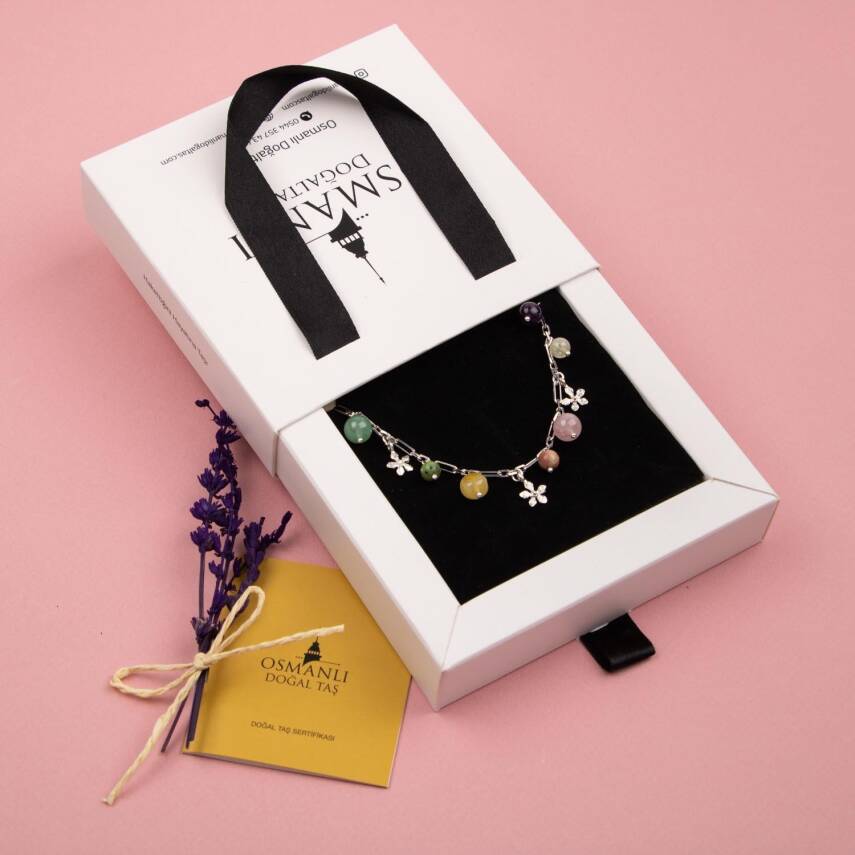 Ametist-Sitrin-Pembe Kuvars-Aventurin-Kalsit-Yeşim-Kehribar Doğal Taş Gümüş Bileklik - 3