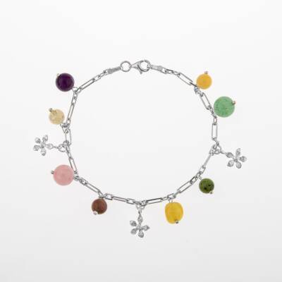 Ametist-Sitrin-Pembe Kuvars-Aventurin-Kalsit-Yeşim-Kehribar Doğal Taş Gümüş Bileklik - 4