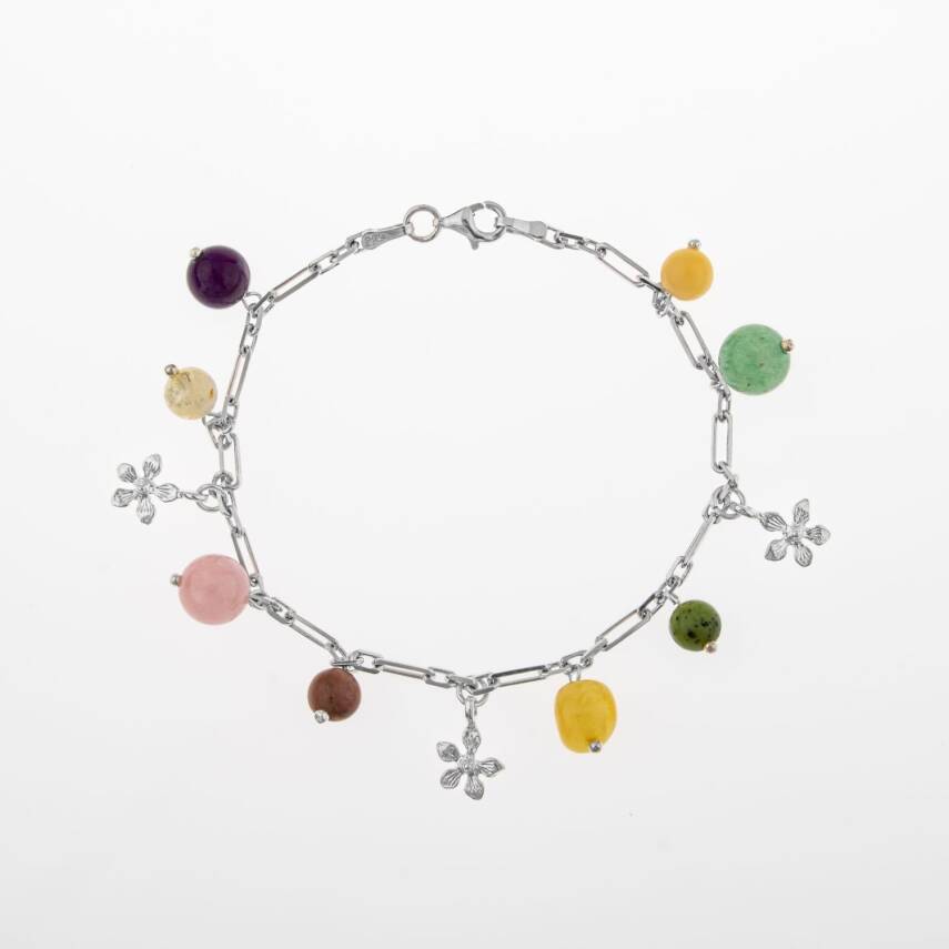 Ametist-Sitrin-Pembe Kuvars-Aventurin-Kalsit-Yeşim-Kehribar Doğal Taş Gümüş Bileklik - 4