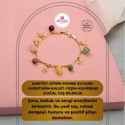 Ametist-Sitrin-Pembe Kuvars-Aventurin-Kalsit-Yeşim-Kehribar Doğal Taş Sarı Gümüş Bileklik - Doğal Taş (1)