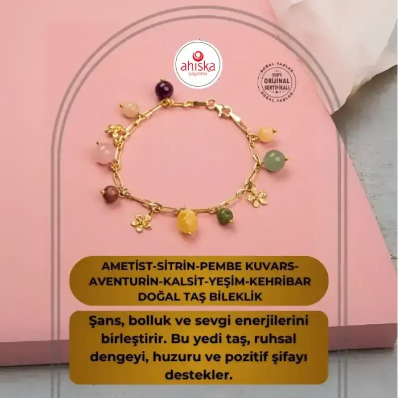 Ametist-Sitrin-Pembe Kuvars-Aventurin-Kalsit-Yeşim-Kehribar Doğal Taş Sarı Gümüş Bileklik - 2