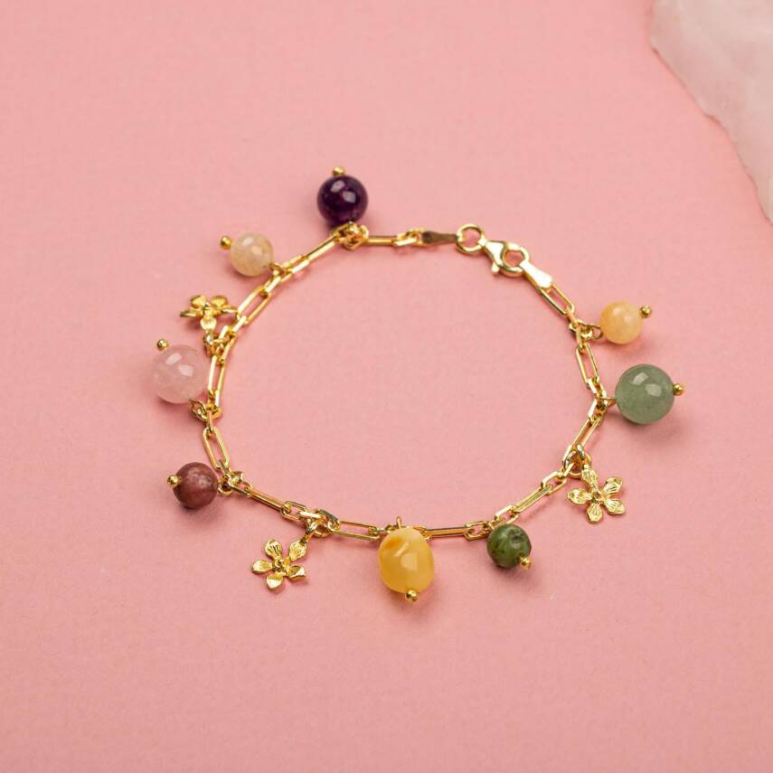Ametist-Sitrin-Pembe Kuvars-Aventurin-Kalsit-Yeşim-Kehribar Doğal Taş Sarı Gümüş Bileklik - 1
