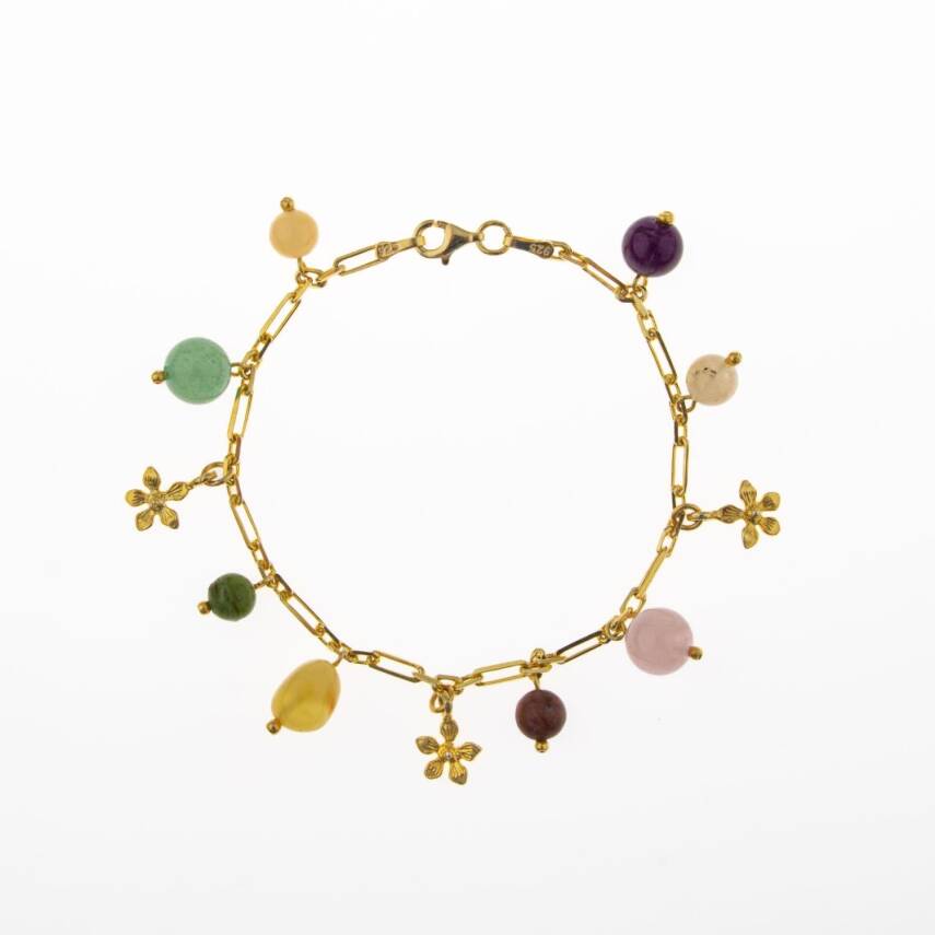 Ametist-Sitrin-Pembe Kuvars-Aventurin-Kalsit-Yeşim-Kehribar Doğal Taş Sarı Gümüş Bileklik - 2