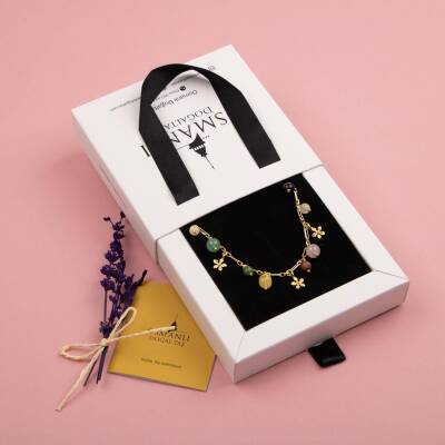 Ametist-Sitrin-Pembe Kuvars-Aventurin-Kalsit-Yeşim-Kehribar Doğal Taş Sarı Gümüş Bileklik - 3