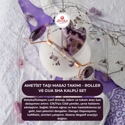 Ametist Taşı Masaj Takımı - Roller ve Gua Sha Kalpli Set - Doğal Taş (1)