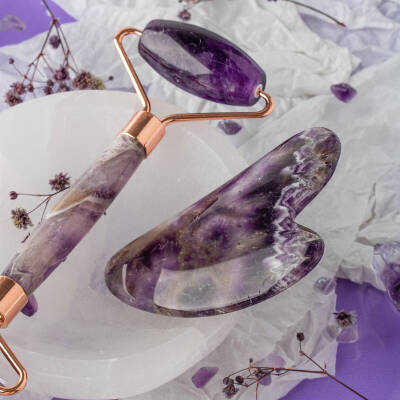 Ametist Taşı Masaj Takımı - Roller ve Gua Sha Kalpli Set - 2