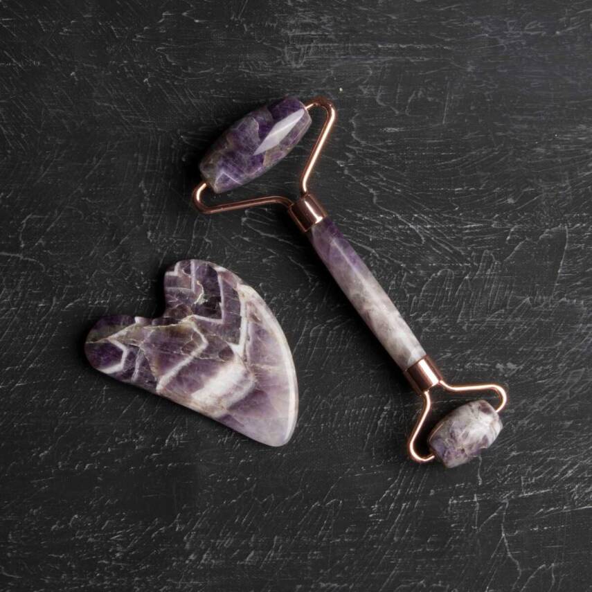 Ametist Taşı Masaj Takımı - Roller ve Gua Sha Kaz Ayaklı Set - 1