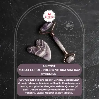 Ametist Taşı Masaj Takımı - Roller ve Gua Sha Kaz Ayaklı Set - Doğal Taş (1)
