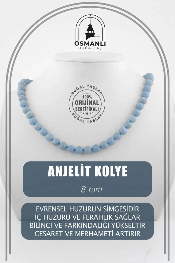 Anjelit 8 mm Düğümlü Doğal Taş Kolye - 2