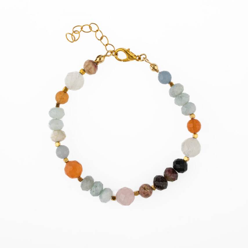 Anjelit-Morganit-Pembe Kuvars-Renkli Turmalin-Ay Taşı-Turuncu Aventurin-Akuamarin-Madagaskar Akik Doğal Taş Bileklik - 1