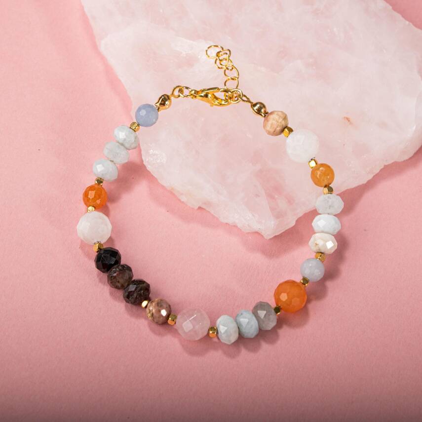 Anjelit-Morganit-Pembe Kuvars-Renkli Turmalin-Ay Taşı-Turuncu Aventurin-Akuamarin-Madagaskar Akik Doğal Taş Bileklik - 4