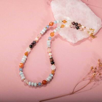 Anjelit-Morganit-Pembe Kuvars-Renkli Turmalin-Ay Taşı-Turuncu Aventurin-Akuamarin-Madagaskar Akik Doğal Taş Kolye - 3