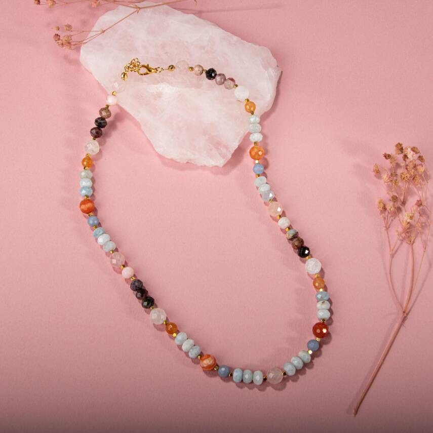 Anjelit-Morganit-Pembe Kuvars-Renkli Turmalin-Ay Taşı-Turuncu Aventurin-Akuamarin-Madagaskar Akik Doğal Taş Kolye - 2