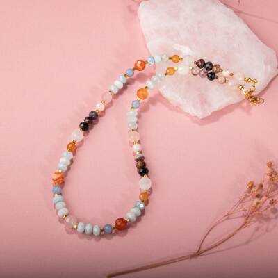 Anjelit-Morganit-Pembe Kuvars-Renkli Turmalin-Ay Taşı-Turuncu Aventurin-Akuamarin-Madagaskar Akik Doğal Taş Kolye - 3