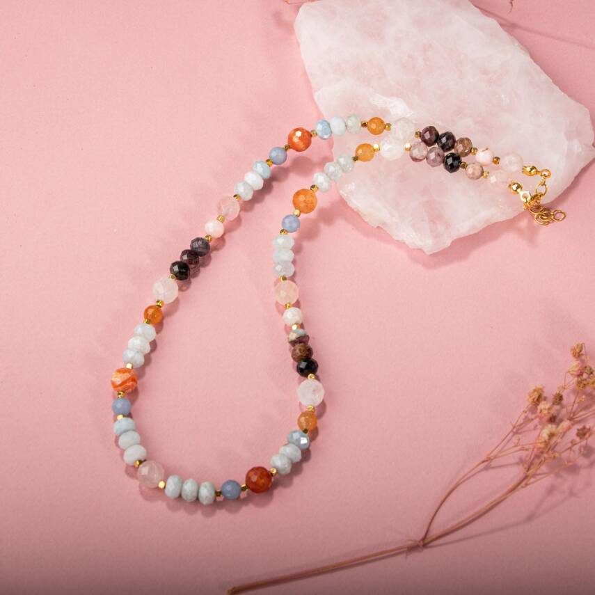 Anjelit-Morganit-Pembe Kuvars-Renkli Turmalin-Ay Taşı-Turuncu Aventurin-Akuamarin-Madagaskar Akik Doğal Taş Kolye - 3