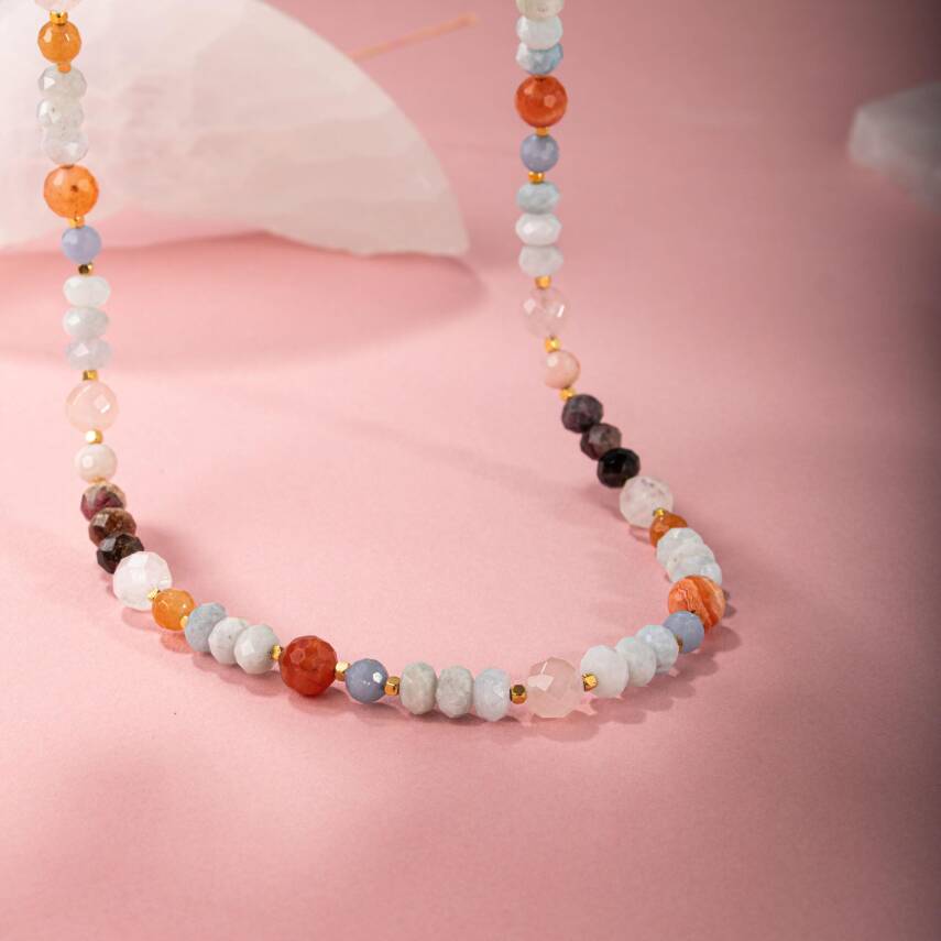 Anjelit-Morganit-Pembe Kuvars-Renkli Turmalin-Ay Taşı-Turuncu Aventurin-Akuamarin-Madagaskar Akik Doğal Taş Kolye - 5