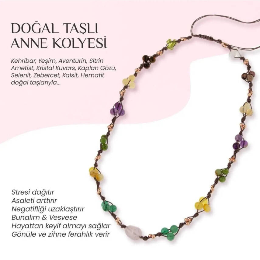 Anne Kolye Doğal Taş Rodonit-Selenit-Hematit-Kalsit-Kaplan Gözü-Sitrin-Ametist-Yeşim-Kehribar-Aventurin-Kristal Kuvars-Zebercet-Pembe Kuvars - 2