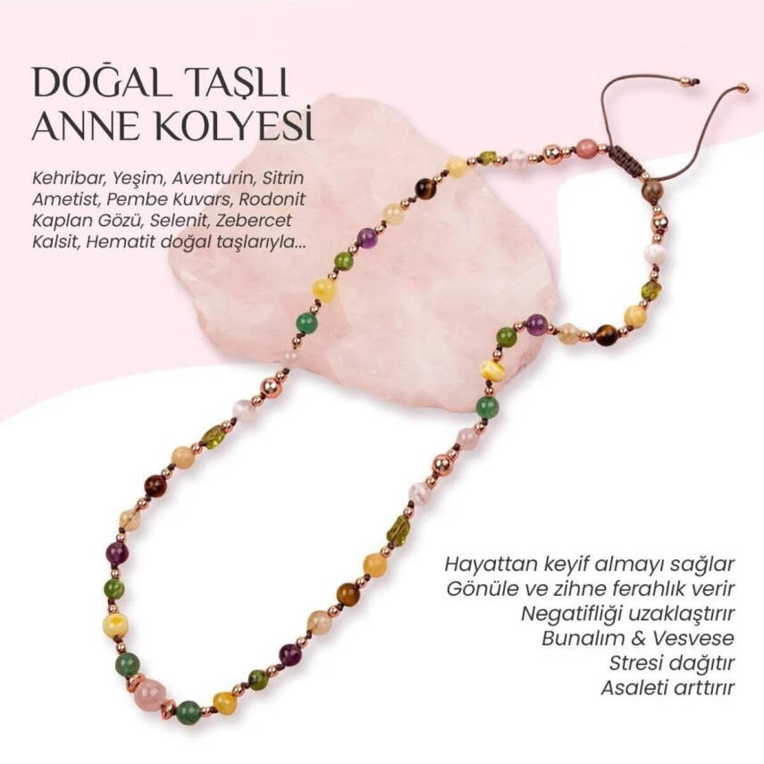 Anne Kolye Doğal Taş Selenit-Hematit-Kalsit-Kaplan Gözü-Sitrin-Ametist-Yeşim-Kehribar-Aventurin-Pembe Kuvars-Zebercet-Pembe Kuvars - 2