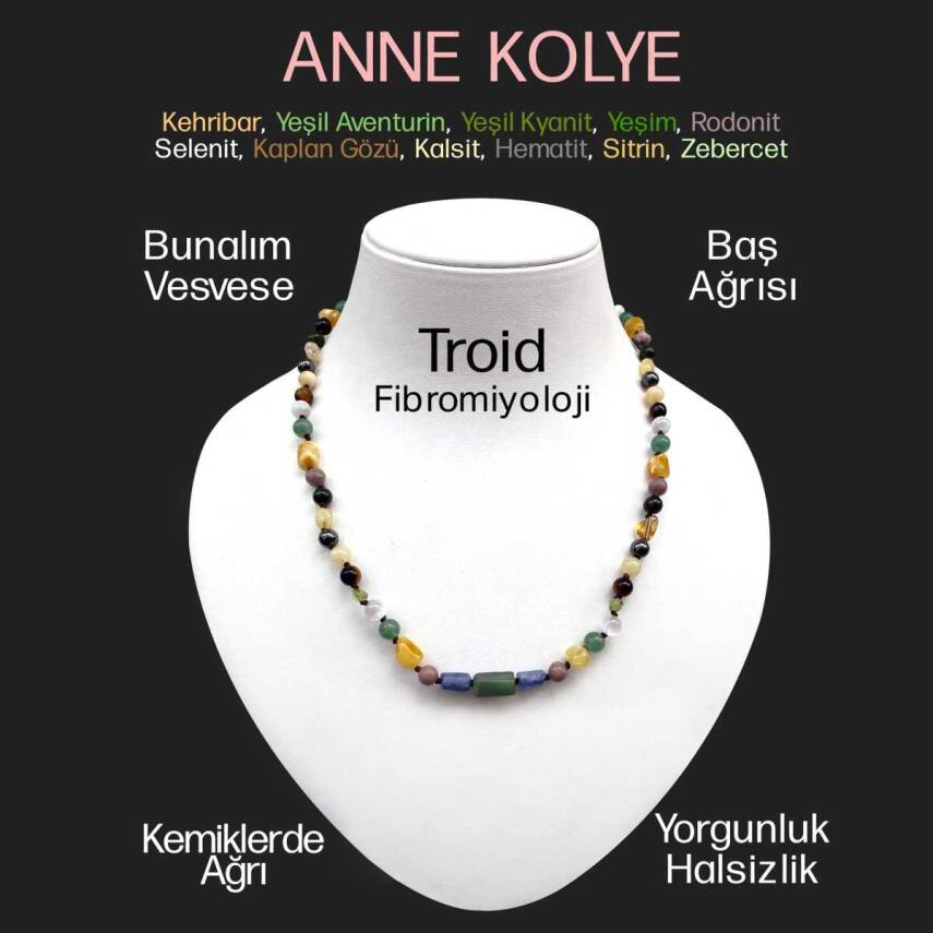 Anne Kolye Sertifikalı Doğal Taş 6 Mm Kehribar-Yeşil Aventurin-Yeşil Kiyanit-Yeşim-Rodonit-Selenit-Kaplan Gözü-Kalsit-Hematit-Sitrin-Zeberced - 1