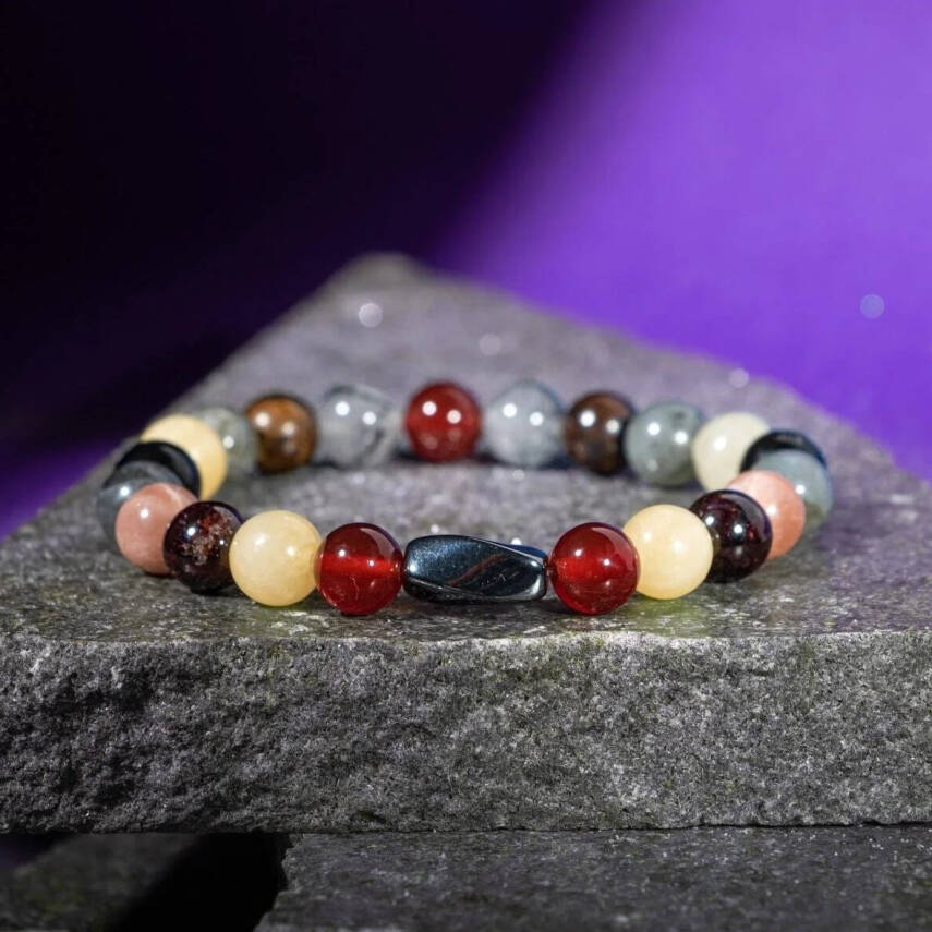 Aslan Burcu Bileklik Bordo Granat Lal, Bronzit, Golden Obsidyen, Güneş Taşı, Jasper, Kalsit, Kırmızı Akik, Labradorit, Rutilli Kuvars, Sitrin - 1