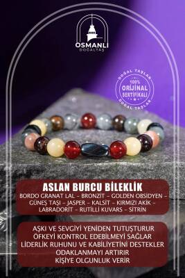 Aslan Burcu Bileklik Bordo Granat Lal, Bronzit, Golden Obsidyen, Güneş Taşı, Jasper, Kalsit, Kırmızı Akik, Labradorit, Rutilli Kuvars, Sitrin - 2