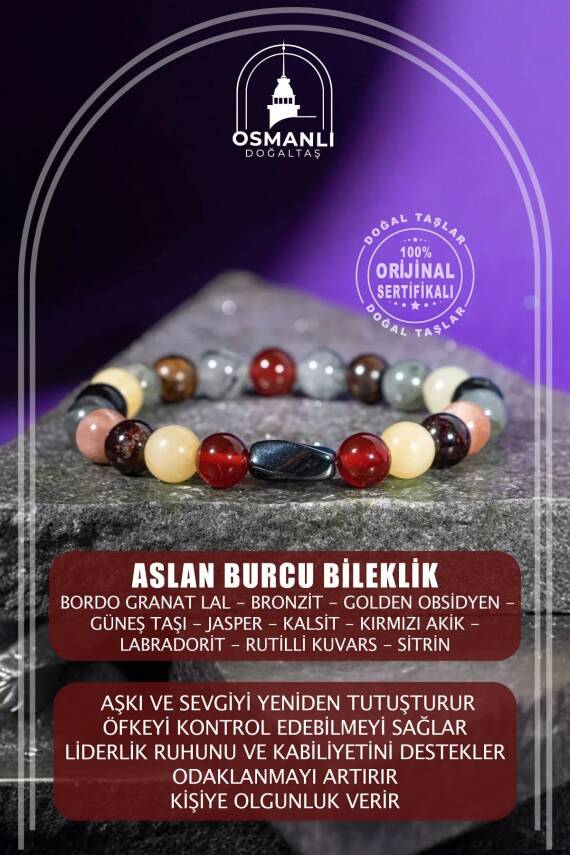 Aslan Burcu Bileklik Bordo Granat Lal, Bronzit, Golden Obsidyen, Güneş Taşı, Jasper, Kalsit, Kırmızı Akik, Labradorit, Rutilli Kuvars, Sitrin - 2