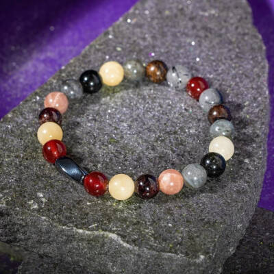 Aslan Burcu Bileklik Bordo Granat Lal, Bronzit, Golden Obsidyen, Güneş Taşı, Jasper, Kalsit, Kırmızı Akik, Labradorit, Rutilli Kuvars, Sitrin - 3