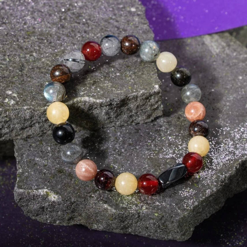 Aslan Burcu Bileklik Bordo Granat Lal, Bronzit, Golden Obsidyen, Güneş Taşı, Jasper, Kalsit, Kırmızı Akik, Labradorit, Rutilli Kuvars, Sitrin - 5